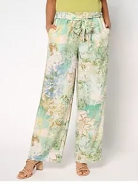 Susan Graver Printed Twill Wide-Leg Tie-Waist Pants - Green Floral-Petite